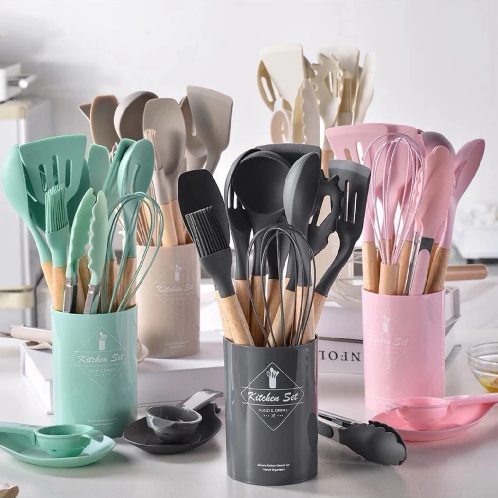 Kit Utensílios de Cozinha 12/19 Peças • Silicone com Cabo de Madeira • Completo e Resistente