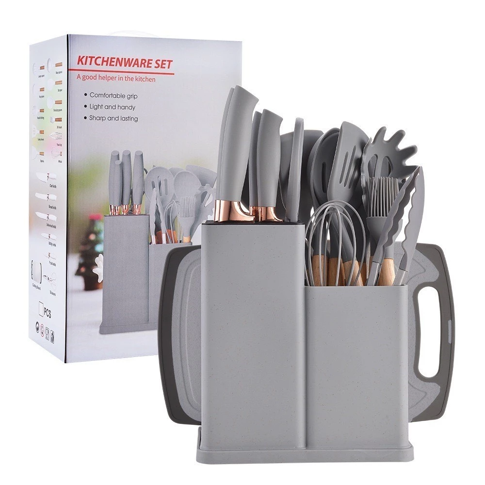 Kit Utensílios de Cozinha 12/19 Peças • Silicone com Cabo de Madeira • Completo e Resistente