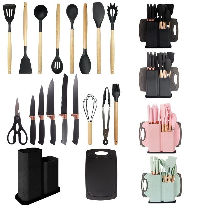 Kit Utensílios de Cozinha 12/19 Peças • Silicone com Cabo de Madeira • Completo e Resistente